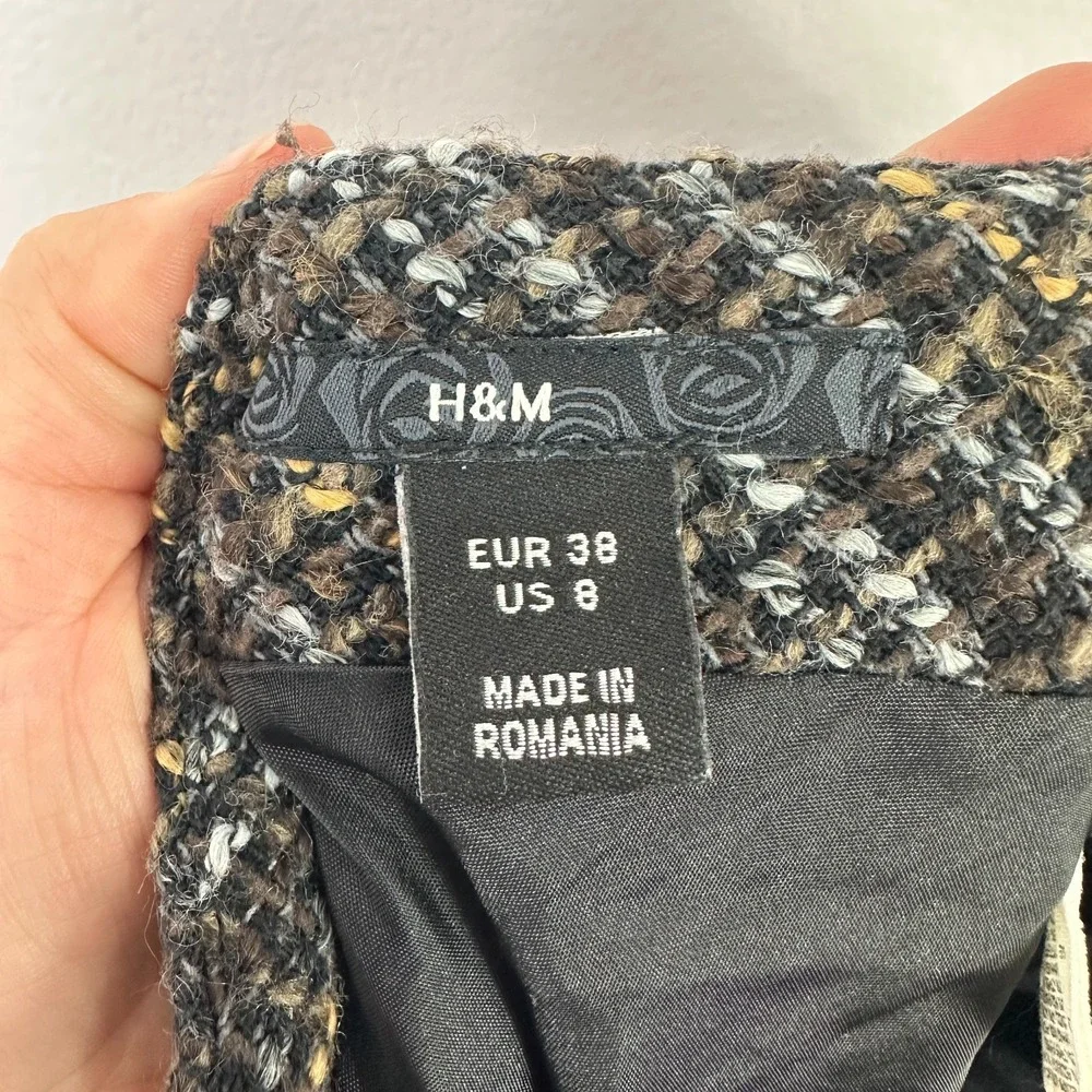 H&M Pencil Skirt 8 Black Boucle Ruffle Tweed Old Money Office Chic Dark Academia